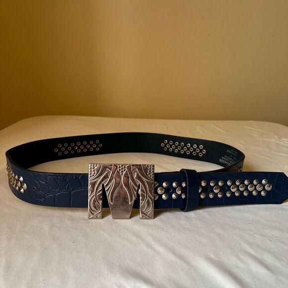 Blue Croc Embossed Studded Leather Belt Silver M Buckle Statement Y2K 40" - Picture 9 of 9